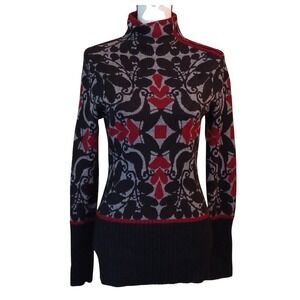 Krimson Klover Womens 100% Wool Mock Neck Quarter Zip Sweater Black Red Damask M